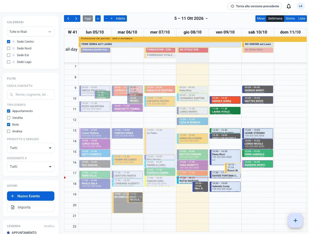 L'agenda della settimana nell'app, con gli appuntamenti delle sedi